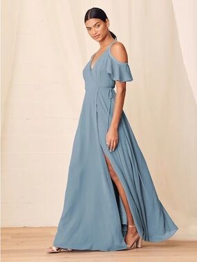Lulu's Dusty Blue Cold-Shoulder V-Neck Maxi Dress